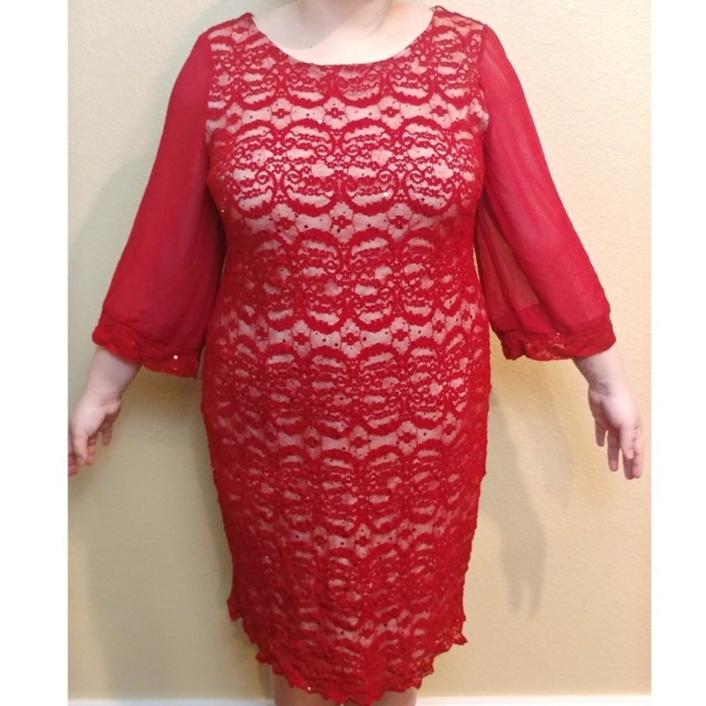 R&M RICHARDS 18W Red Lace Sparkle Formal Dress